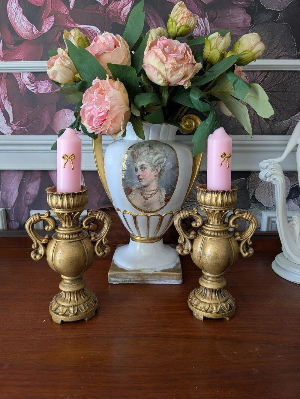 Vintage, set of 2, rococo-style gold-gilt resin mix candle holders, urn shape